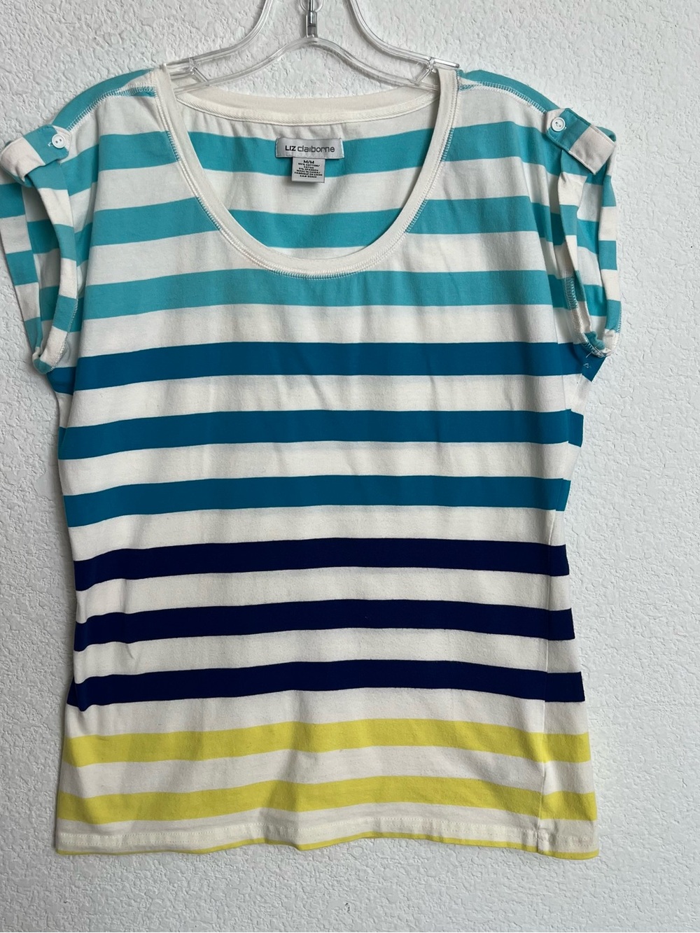 Liz Claiborne Crew Neck Striped Rolled Cap Sleeves Top Medium Vintage